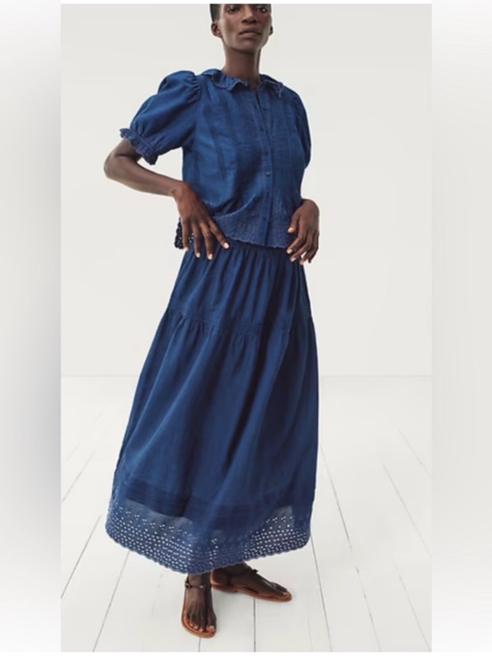 GAP x DOEN Women's Blue Eyelet Maxi Skirt - Classic Navy Tiered Design